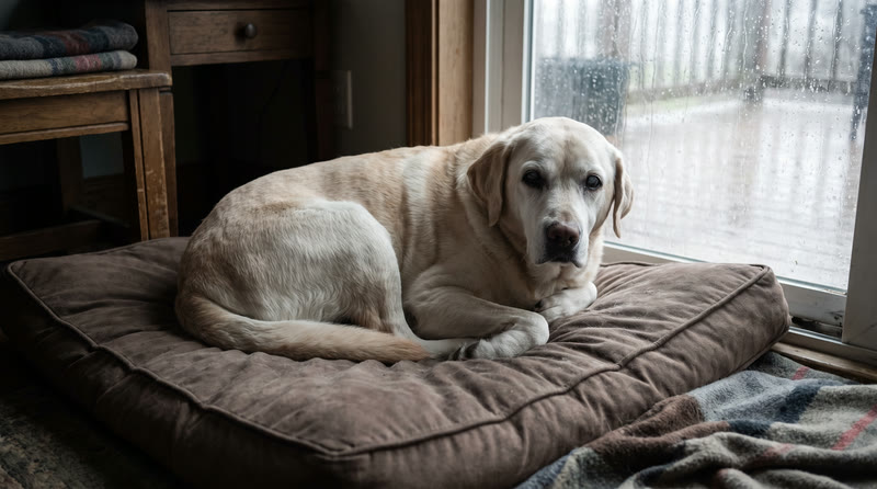 Fourteen years old, severe arthritis. She will not be rehomed — we keep her comf