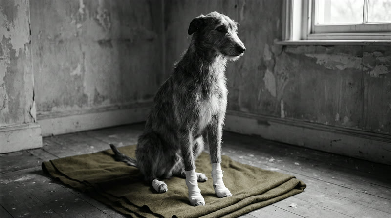 Dym, a grey rough-coated dog with bandaged paws