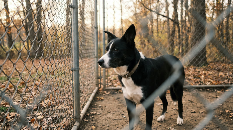 Sirko, a black and white collie-type dog in a kennel run