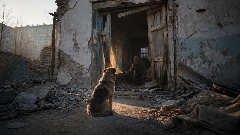 A rescuer crouches in a doorway and reaches out to a dog